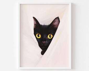 Black Cat in Blanket Art Print - Black Cat Wall Art - Pastel Printable Poster - Black Cat Decor - Black Cat Poster