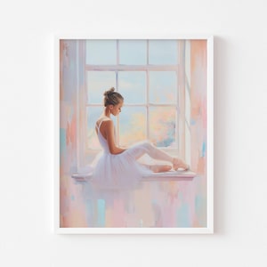 Pastel ballerina poster at the window | Classical dance digital poster | Elegant wall art for girls&#39; decor, bedroom or dance studio