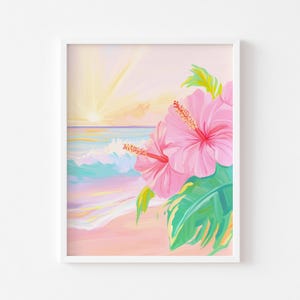 Beach and Hibiscus Flower Art Print - Coastal Wall Art - Pastel Printable Poster - Beach Decor - Tropical Flower and Beach Poster