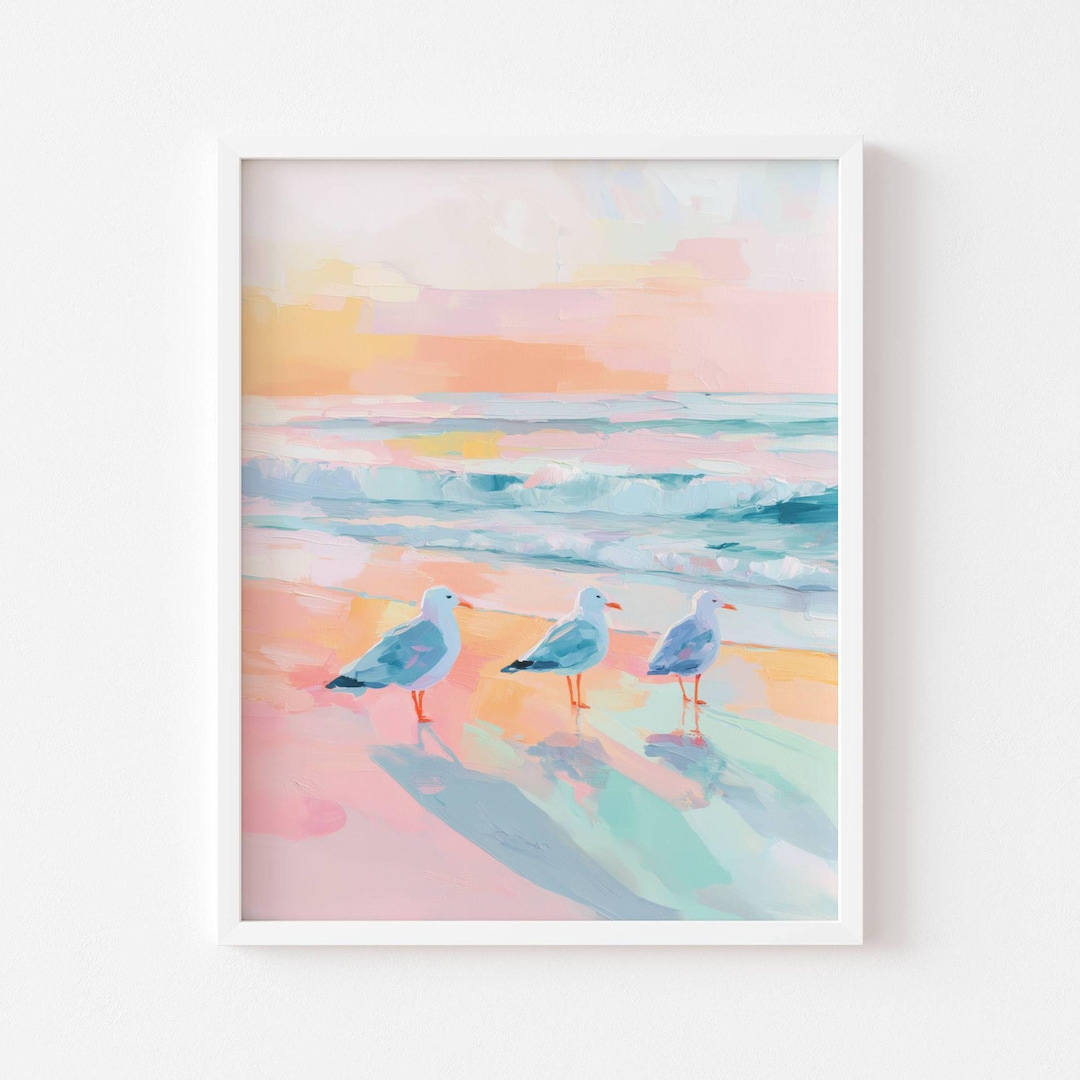 Pastel Seagulls on the Beach Poster | Coastal Wall Art | Soft Ocean ...