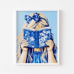 Girl Reading Poster – Poetic Pastel Blue Illustration – Reading Wall Art – Soft and Dreamy Wall Decor – Book Lovers