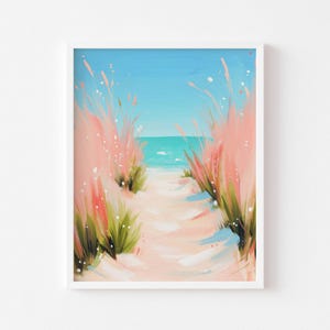 Pastel pink beach path poster, seaside wall art, summer decor, coastal path, zen ocean landscape illustration, path in the dune