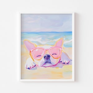 Póster de Bulldog en la playa: perro con gafas rosas, arte mural, arte veraniego en tonos pastel, decoración divertida y relajante - Bulldog francés