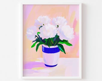 Poster con bouquet di peonie in una tazza – Illustrazione floreale moderna pastello – Vaso blu e fiori bianchi – Decorazione poetica
