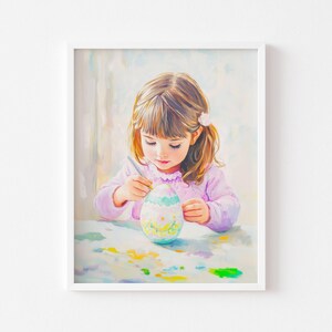 Little Girl Painting Easter Eggs Art Print - Easter Wall Art - Pastel Printable Poster - Easter Decor - Easter Eggs
