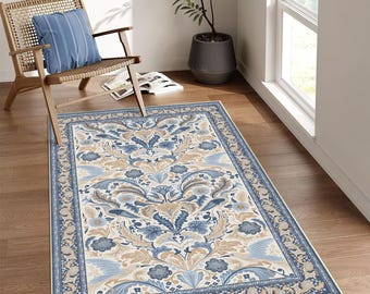 Turkish Floral Rug Blue Modern Oriental Kitchen Carpet