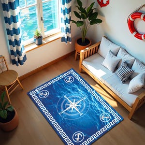 Compass Rug, Sailor Anchor Carpet, Nautical Yacht Mat, Sea Marine Decor, Ocean Rug, Summer House Carpet