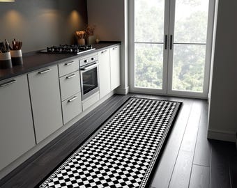Diamond Pattern Kitchen Runner Rug: Black Border, Geometric Chic Mat