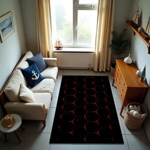 Red Neon Hexagon Rug, Futuristic Black Carpet for Gamer Room, Modern Decor