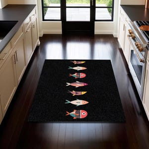 Colorful Fish Rug: Black Coastal Kitchen Runner