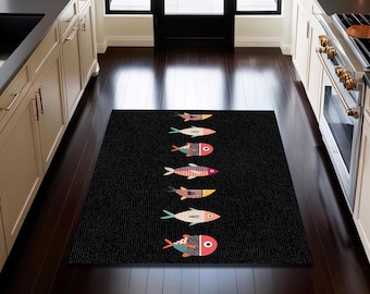 Colorful Fish Rug: Black Coastal Kitchen Runner