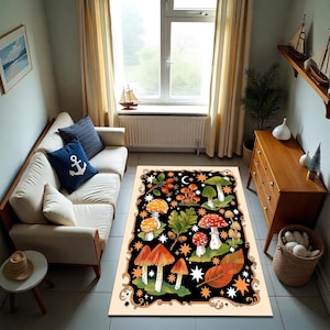 a cozy living room with a large rug featuring a whimsical mushroom and leaf design, complemented by a white sofa, a wooden dresser, and a window overlooking a garden.