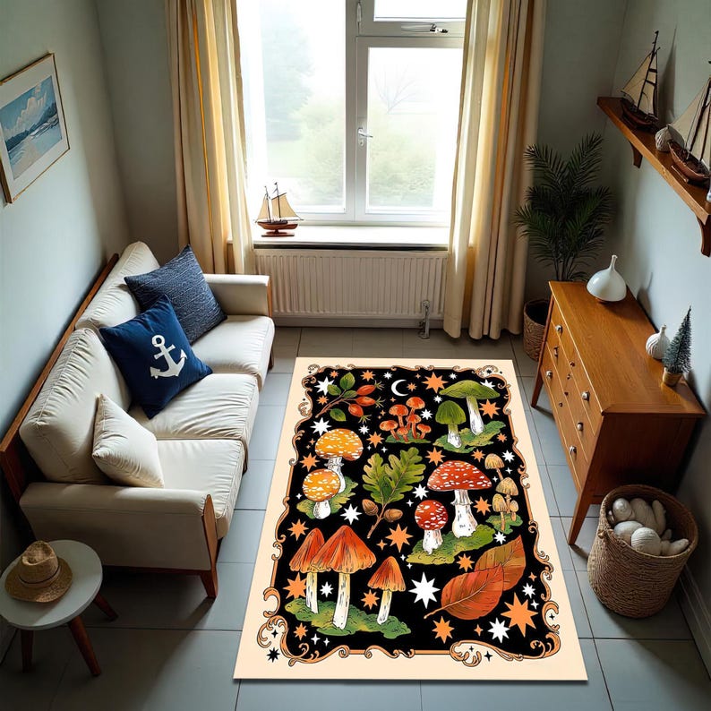 a cozy living room with a large rug featuring a whimsical mushroom and leaf design, complemented by a white sofa, a wooden dresser, and a window overlooking a garden.