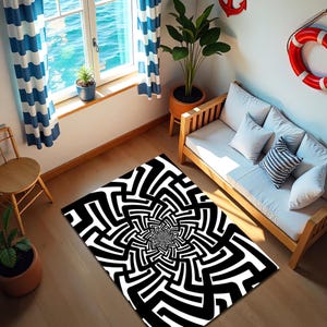 Black and White Vortex Rug, 3D Geometric Optical Illusion Carpet, Modern Trippy Floor Decor