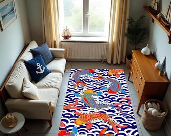 Koi Fish Area Rug: Japanese Wave Art, Colorful Zen Decor