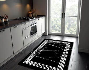 Black Marble Rug: Greek Key Border, Modern Chic Decor