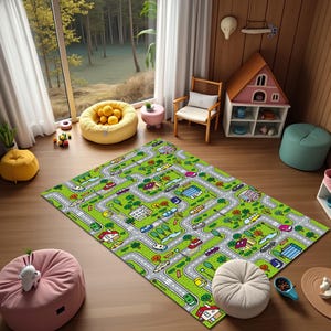Tapijt groene stad wegenkaart, cartoontapijt kinderkamer, speelkleed kinderkamer, speelkamerdecor, tapijt kleuterschool