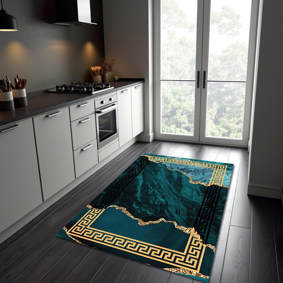 Greek Key Gold Rug Greek Key Turquoise Marble Rug: Gold Accent Carpet - Etsy