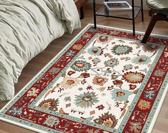 Ethnic Turkish Rug: Red Floral Bordered Oriental Carpet Oushak