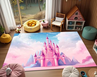 Boho Pink Castle Rug: Fairy Tale Kids Playroom Carpet