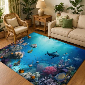 May include: A rectangular rug with a vivid underwater design. The rug displays a detailed coral reef scene with colourful fish, coral, and a deep blue ocean backdrop. The rug is placed on a wooden floor.