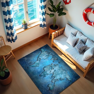 Blue World Map Rug Distressed Travel Theme Carpet, Global Decor Area Rug for Study or Office