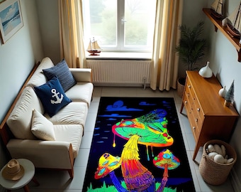 Kolorowy dywanik z grzybami: psychodeliczny las, wystrój boho