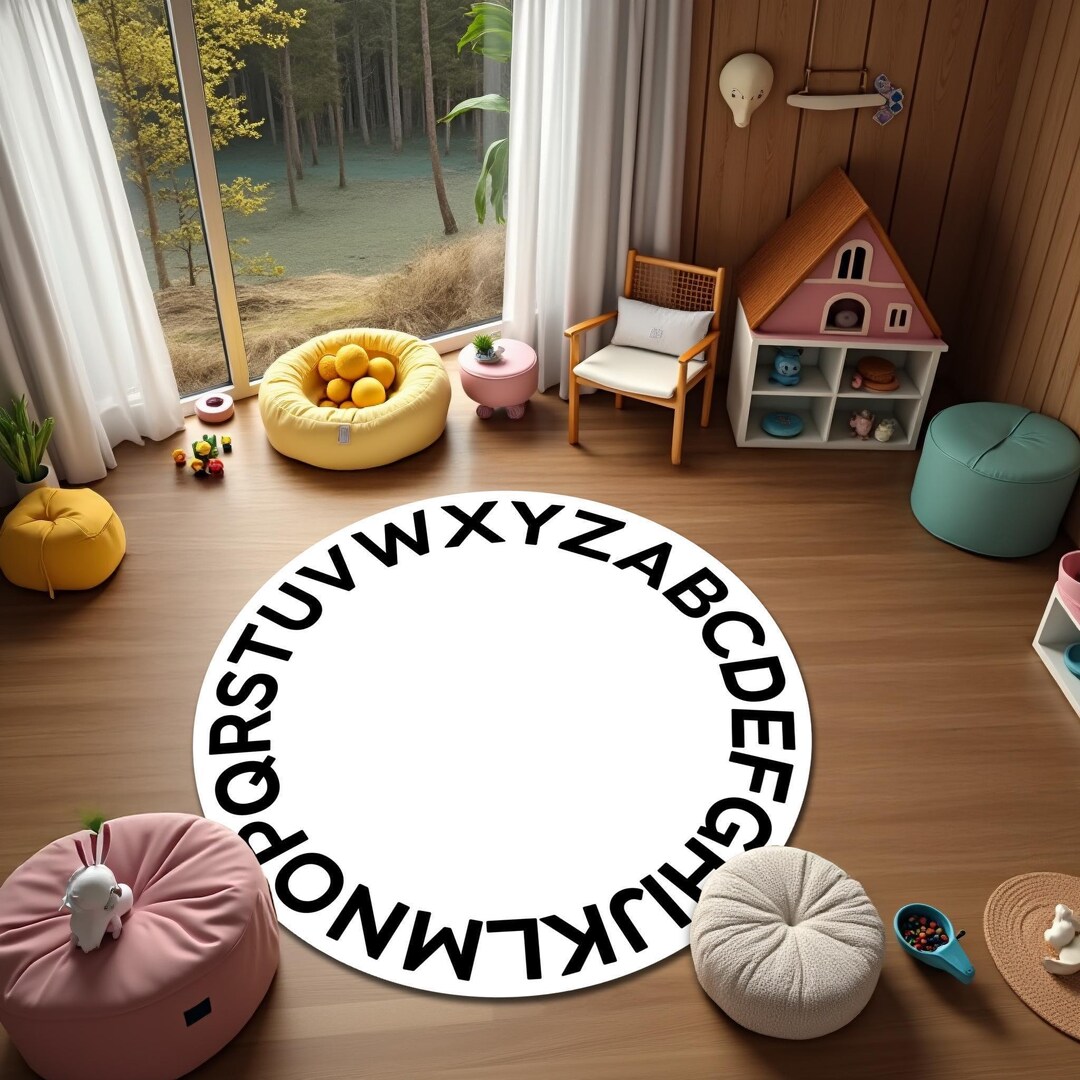 Alphabet Rug: Round Black Kids Mat - Nursery Playroom Decor - Etsy