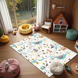 Tapis de carte routière de la ville, tapis de conte de fées, décoration de chambre de bébé fille, tapis de chambre de bébé, tapis de jardin d'enfants