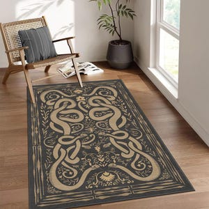 Alfombra con estampado de serpiente negra, alfombra ornamental con forma de serpiente