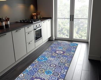 Blue Mosaic Tile Runner Rug: Boho Kitchen Mat