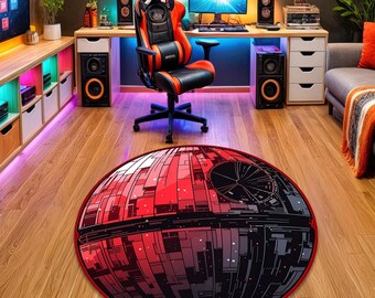 Red Space Station Round Rug: Sci-Fi Galaxy Floor Mat
