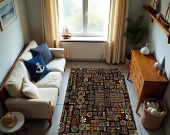 Tappeto tribale a cartoni animati: motivo etnico colorato, decorazione boho giocosa