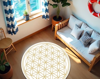 Atlantean Spirit Rug, White and Gold Flower of Life Sacred Geometry Carpet, Boho Mat
