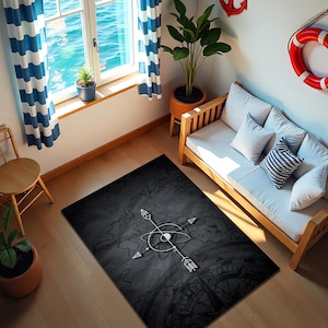 Compass Rose Rug, Black and Grey Nautical Style Carpet, Modern Home Decor, Marine Mat