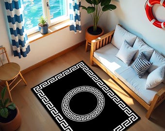 Greek Key Rug: Black and White Geometric Border, Classic Home Decor