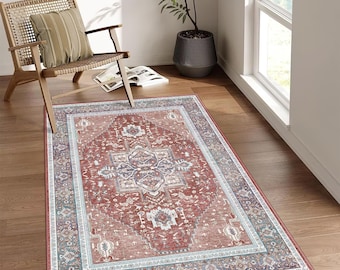 Distressed Abstract Area Rug Red Oriental Living Room Kitchen Carpet