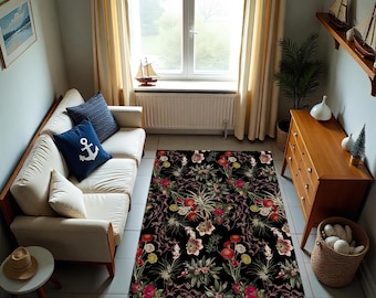 Black Floral Rug: Colorful Flowers, Boho Home Decor