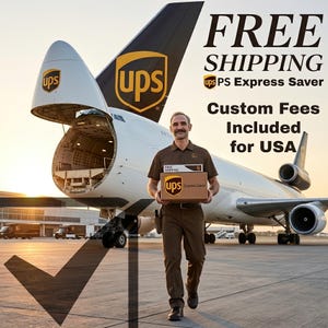 A UPS delivery person is shown holding a package and walking towards an open cargo door of a large UPS cargo plane, with the text "FREE SHIPPING" and "PS Express Saver" displayed prominently.