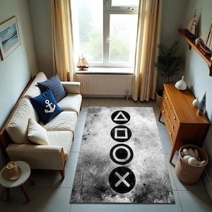 Gamer Room Rug: Grey Cloudy Console Print, Non-Slip Gaming Carpet