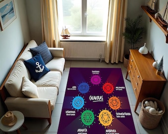 May include: A rectangular area rug featuring a deep purple background with seven colorful chakra symbols arranged in a circle. Each symbol is labeled with its name and corresponding chakra type, with the word CHAKRAS printed in the center.