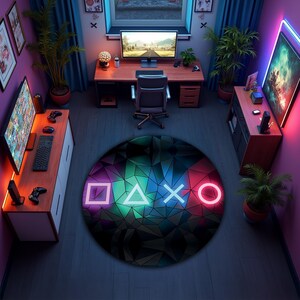 Gaming Room Round Carpet: Neon Geometric Game Controller Pattern