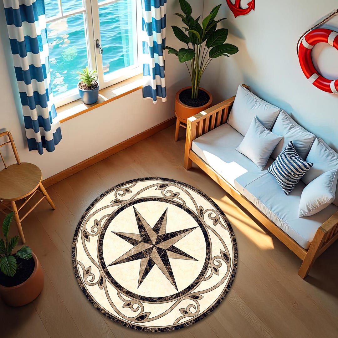 Compass Rose Rug: Nautical Marble Tile Pattern (round Entryway Mat) - Etsy