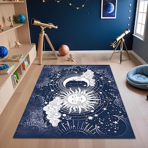 Sun and Crescent Moon Rug, Astrology Carpet, Black Space Mat, Meditation Decor, Zodiac Rug