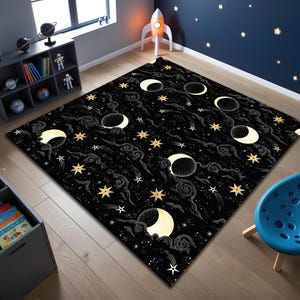 Moon and Stars Rug, Space Fan Mat, Black Galaxy Decor, Japanese Wave Decor, Nonslip Floor Mat