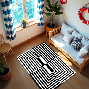 3D Vortex Illusion Rug: Modern Black and White Geometric Carpet