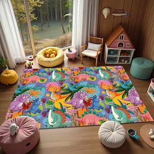 Cartoon Dinosaur Rug for Kids Room, Cute Dino Print Playroom Carpet, Children Room Carpet, Toddler Mat