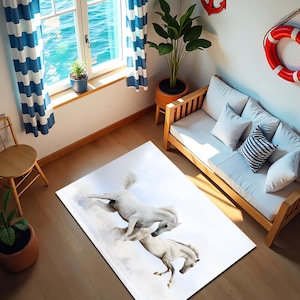 White Horses Print Rug: Farmhouse Style Animal Mat