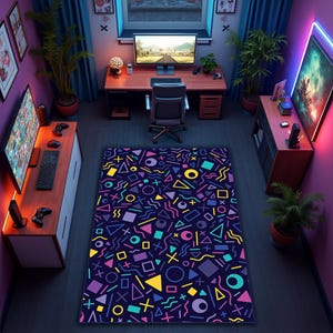 レトロゲームラグ、幾何学模様のゲーマールームカーペット、ブルーカラーの滑り止めスクエアラウンドプレイルームマット、90年代のクラシックアーケード装飾、誕生日ギフト