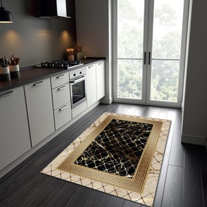 Greek Key Symbol Rug, Black Gold Color Kitchen Carpet, Modern Mat, Living Room Rug, Luxury Home Decor